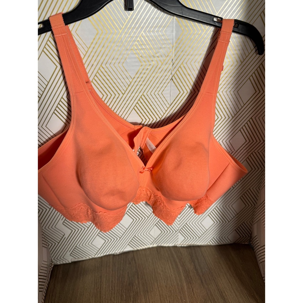 Cacique Unlined Full Coverage‎ No-Wire Bra 46C Coral Orange Lace Trim Wireless